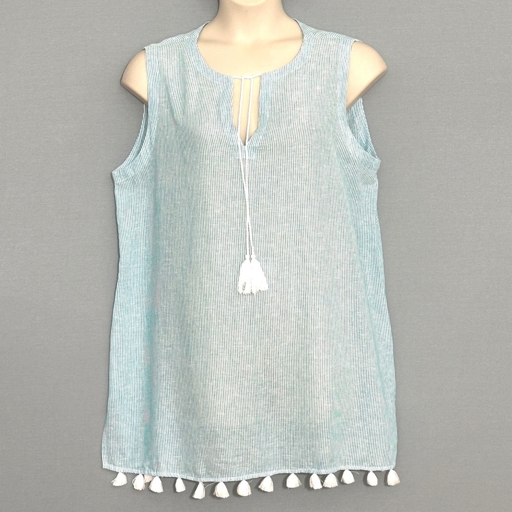 Tahari Women Swim Cover XL Blue White Striped Linen Blend Tassels Beach Resort